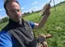 Guillaume, éleveur de brebis, devant une carcasse de brebis dépecée et tenant à la main une plume de vautour. 