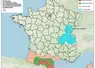 Carte de France avec les zones de surveillance et les zones vaccinales pour la DNC au 18 janvier 2026