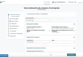Première page de la formalité de création d'entreprise au Guichet unique