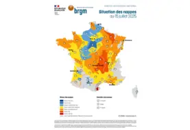 Carte de France hexagonale de la situation des nappes d'eau souterraine au 15 juillet 2025. Différentes couleurs représentent une situation très contrastée pour les nappes de l'Hexagone.