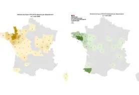 Cartes de France présentant le nombre de foyers de FCO 3 et de FCO 8 par département entre le 1er juin et le 7 août 2025. 
