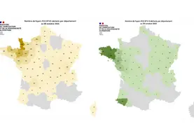 Carte des foyers de FCO3 et FCO8 enregistrés entre le 1er juin et le 9 octobre 2025