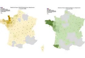 Cartes des foyers de FCO3 et FCO8 enregistrés entre le 1er juin et le 8 janvier 2026 en France