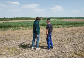 deux hommes de dos discutant dans un champ