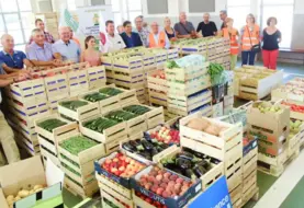 cagettes de fruits et légumes avec un groupe de personnes en arrière-plan