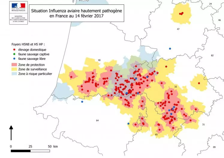 Localisation des foyers d'Influenza aviaire H5N8 et H5HP au 14 février 2017