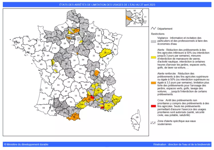 Cartes des arrêtés de restriction d'eau au 26 avril 2023 en France