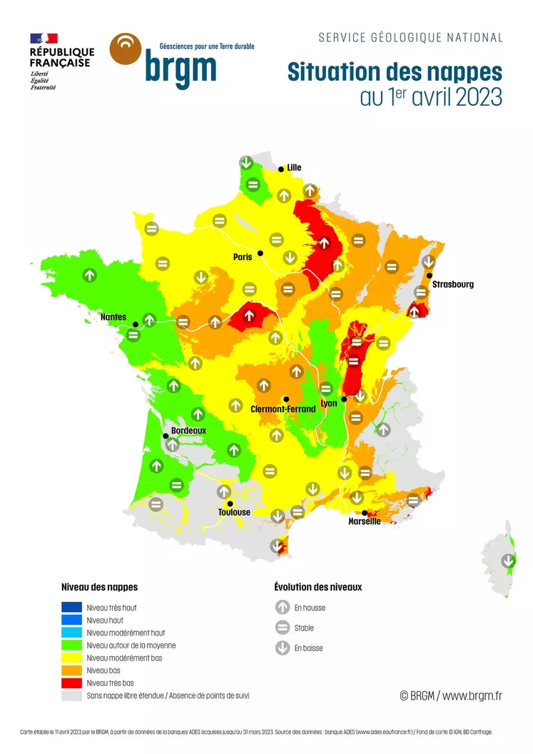 Carte de la situation des nappes phréatiques en France au 1er avril 2023