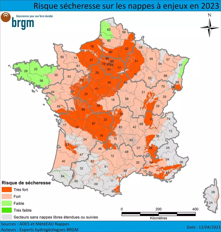 Carte du risque de sécheresse pour l'été 2023 en France