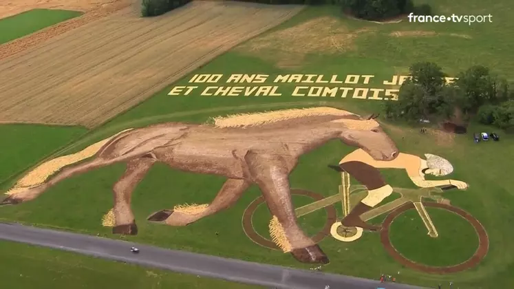 Etape 7 - Visuel 4 - Guyans-Durnes (km 80)  Visuel réalisé par la FDSEA du Doubs (25). Cette fresque de "landart" représente un cheval comtois en plein sprint avec un coureur en maillot jaune : cheval comtois et maillot jaune fêtent tous deux leur centenaire cette année !