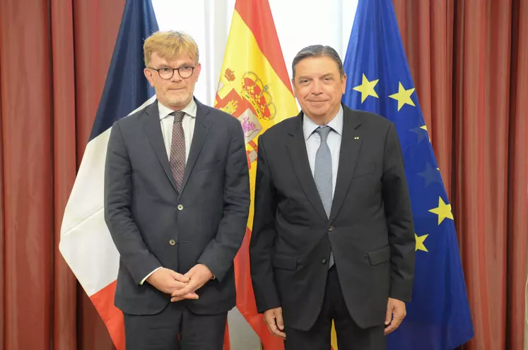  Marc Fesneau, ministre de l’Agriculture français, ce matin lors d’une conférence de presse avec son homologue espagnol Luis Planas, à Madrid.