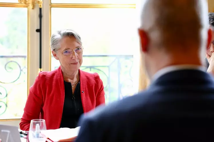 Elisabeth Borne face à Arnaud Rousseau, président de la FNSEA, dans son bureau de Matignon.