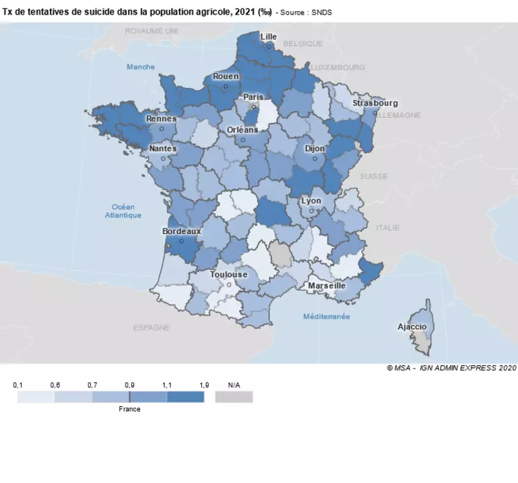 Carte de France du taux de tentatives de suicide dans la population agricole