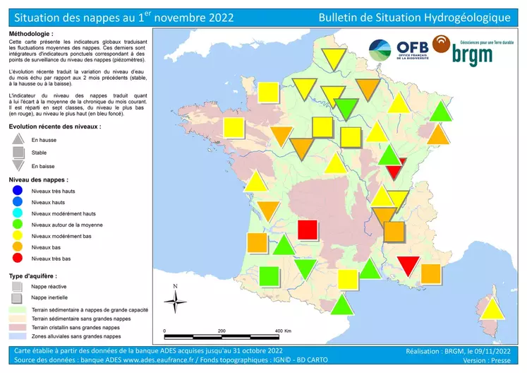 niveau des nappes phréatiques au 1er novembre 2022