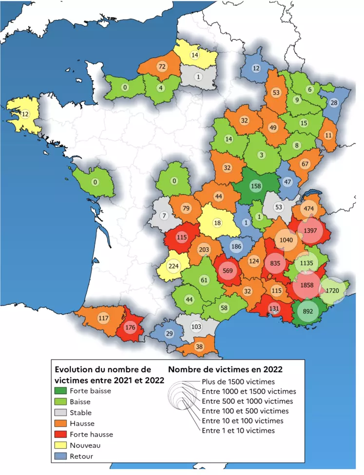 Carte indiquant l'évolution du nombre d'animaux tués et blessés entre 2021 et 2022 en France.