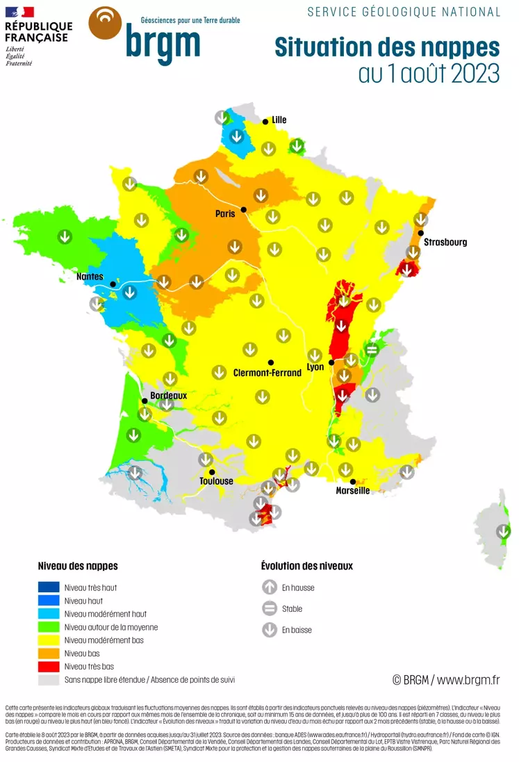 Carte de situation des nappes phréatiques en France au 1er août 2023