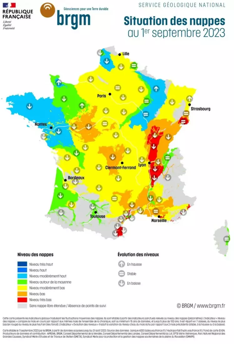 Carte de l'état des nappes phréatiques au 1er septembre 2023