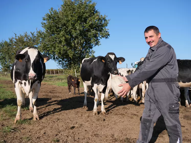 Damien Retailleau, agriculteur et joueur de rugby, devant ses vaches laitières avec un ballon de rugby.