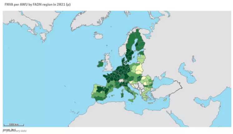 Carte du revenu agricole moyen par actif dans l'Union européenne