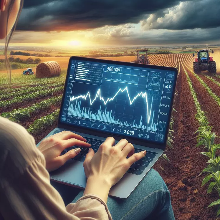 Agricultrice regardant des courbes économiques devant ses champs