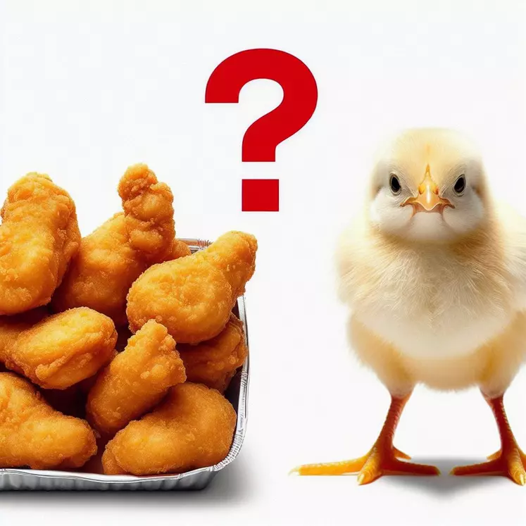 Point d'interrogation entre des nuggets et un poulet