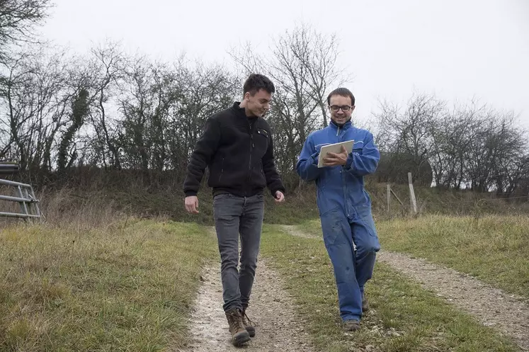 Agriculteur picard et son apprenti en train de marcher sur un chemin rural.