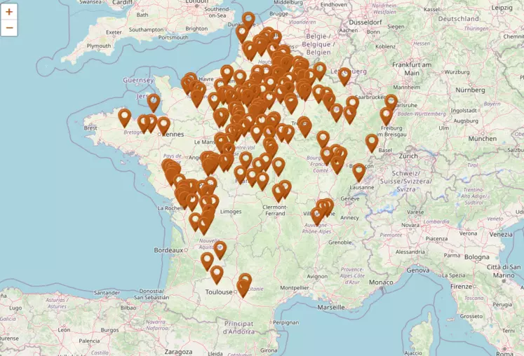 Carte des agriculteurs inscrits sur moissonneuse.fr