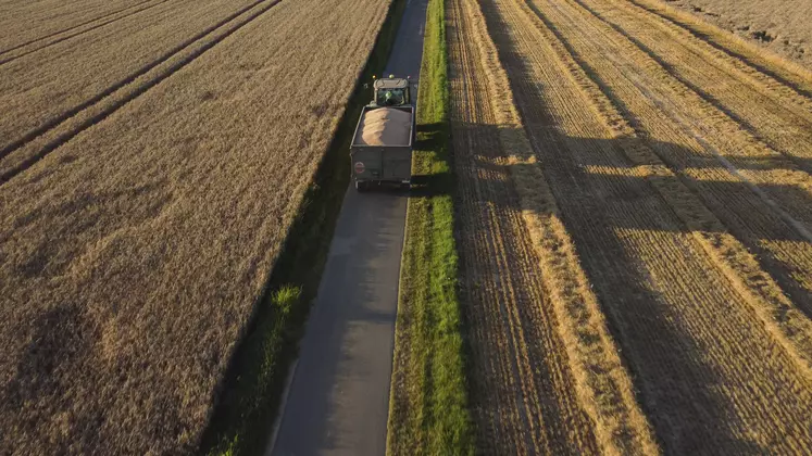 Tracteur avec une benne sur une route au milieu des champs pendant la moisson.