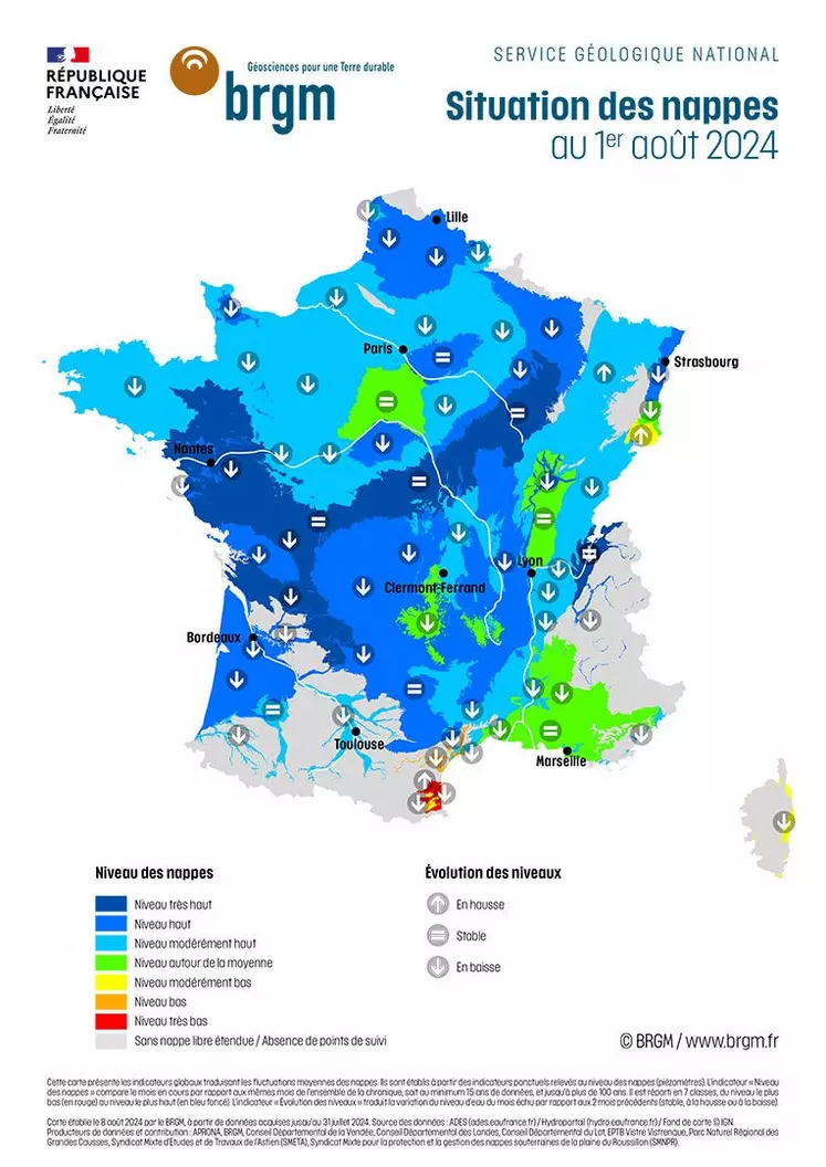 Carte de l'état des nappes phréatiques au 1er août 2024