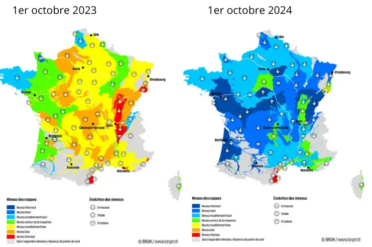 Comparaison des cartes de l'état des nappes entre octobre 2023 et octobre 2024
