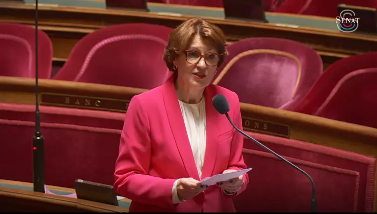 La nouvelle ministre de l'Agriculture Annie Genevard au Sénat, répondant dans un micro à un Sénateur. Mme Genevard porte une veste rose et tient des fiches dans ses mains. Les fauteuils rouge derrière elle sont vides. 