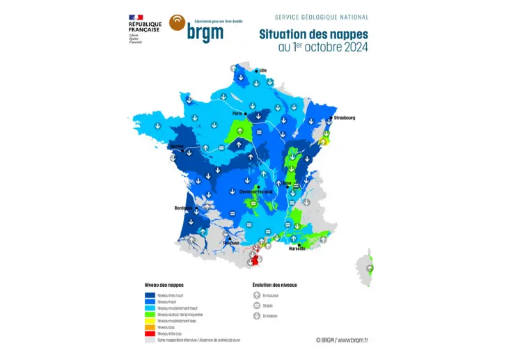 Carte de l'état des nappes phréatiques au 1er octobre 2024