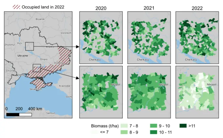 Cartes présentant la biomasse aérienne sèche des champs de blé dans deux régions de l'Ukraine (Poltava et Kherson) de 2020 à 2022