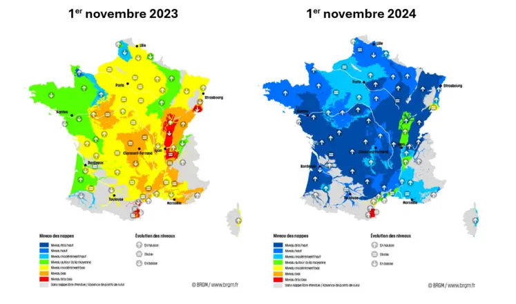 Cartes de France hexagonales de la situation des nappes au 1er novembre 2023 (à gauche) et au 1er novembre 2024 (à droite)