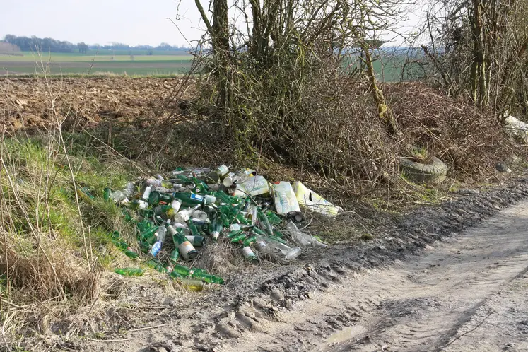 Déchets près d'un terrain agricole. On voit des bouteille en verre. 