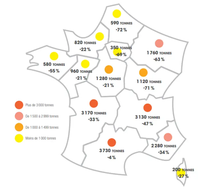 Carte de France présentant les estimations de la production de miel en 2024 par région et évolutions par rapport à 2023
