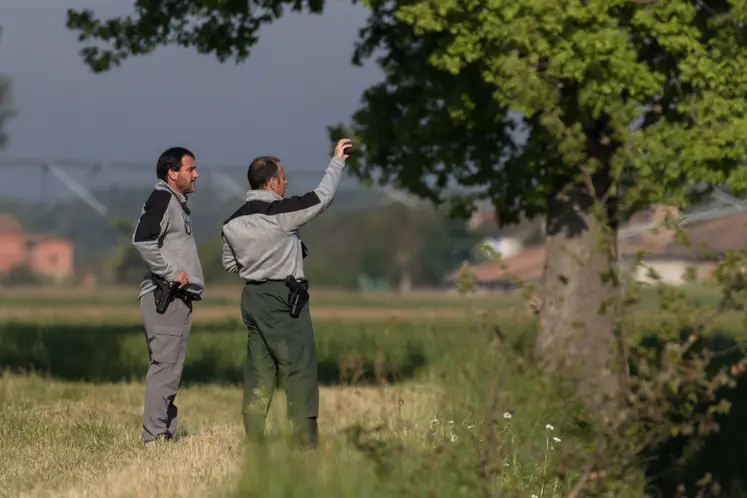 Agents de l'OFB dans un champ sous un arbre