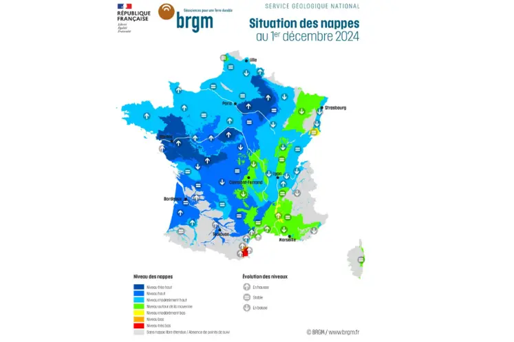 Carte de l'état des nappes phréatiques au 1er décembre 2024