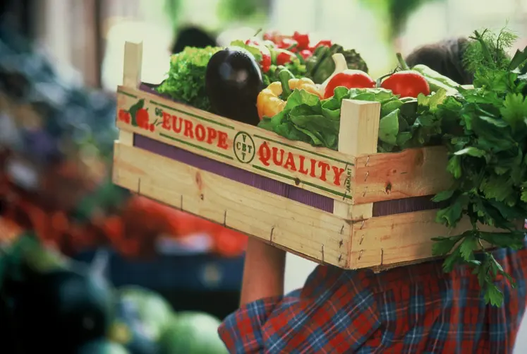 homme portant sur l'épaule une cagette de légumes.