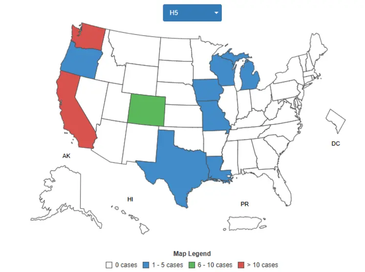 Carte des Etats-Unis représentant le nombre de cas humains de grippe H5 au 1er janvier 2025 (Blanc : 0 cas ; Bleu : de 1 à 5 cas ; Vert : de 6 à 10 cas ; Rouge : plus de 10 cas) : 