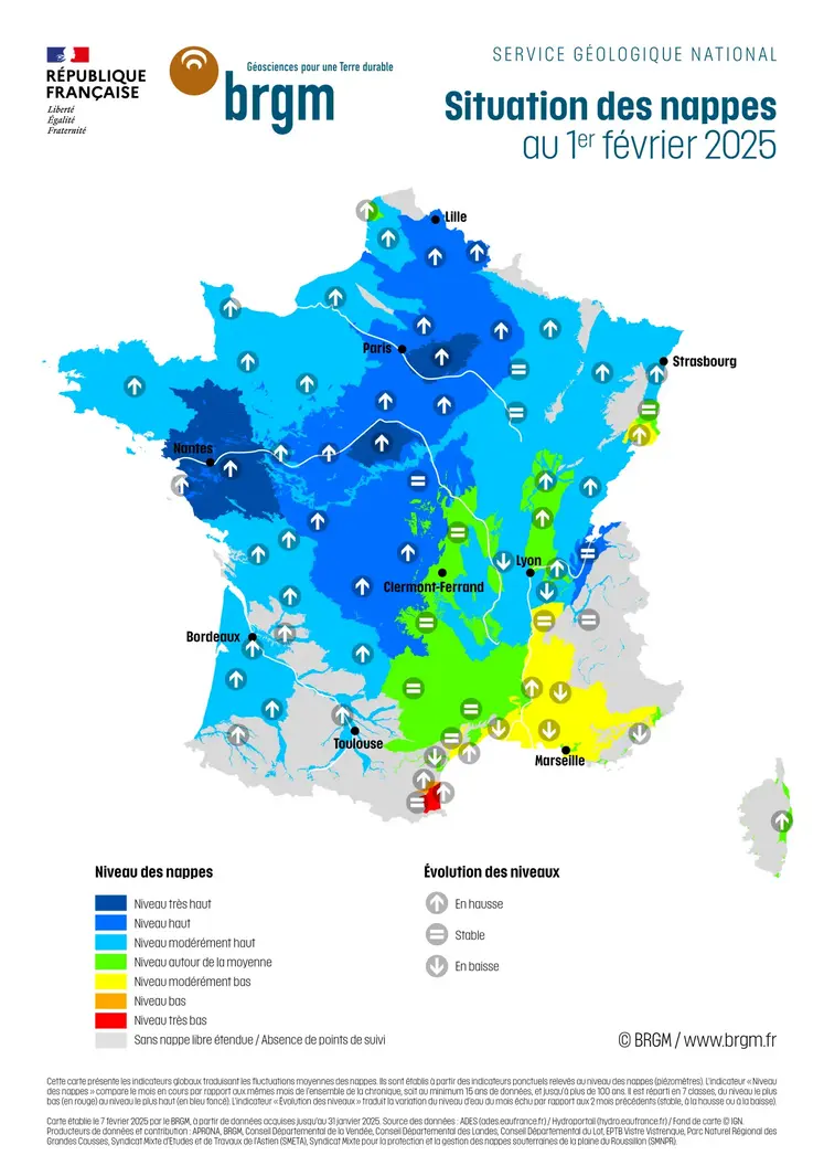 Carte de France hexagonale de la situation des nappes d'eau souterraine au 1er février 2025, par le BRGM.