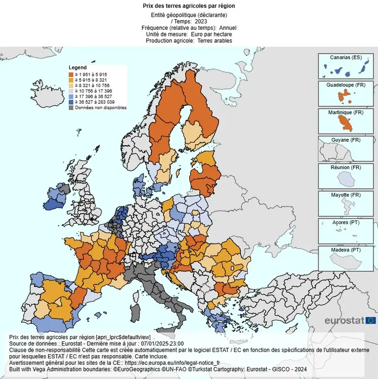 Prix moyen des terres agricoles en Europe par région en 2023