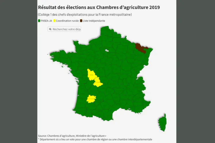 Carte des résultats des élections aux chambres d'agriculture en 2019