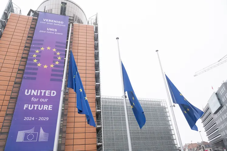 Vue des drapeaux européens devant le bâtiment Berlaymont de la Commission européenne à Bruxelles.