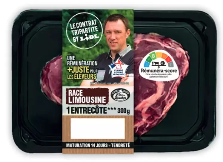 Barquette de viande avec photo de l'éleveur et rémunérascore