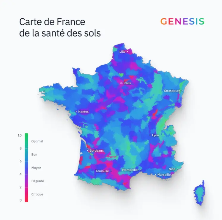 Carte de France de la santé des sols par Genesis. Des couleurs indiquent la note d'état de santé de chaque département, de 0 à 2 (critique), de 2 à 4 (dégradé), de 4 à 6 (moyen), de 6 à 8 (bon), et de 8 à 10 (optimal). 