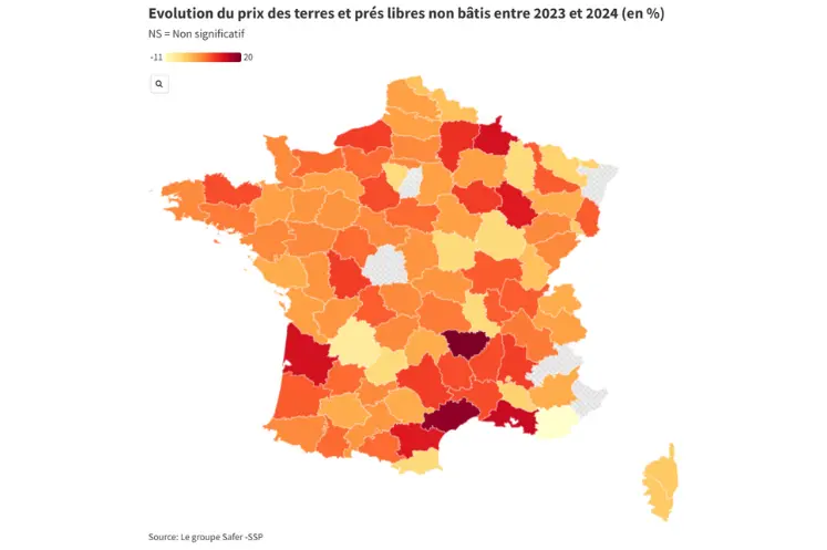 Carte de l’évolution des prix des terres et prés libres entre 2023 et 2024
