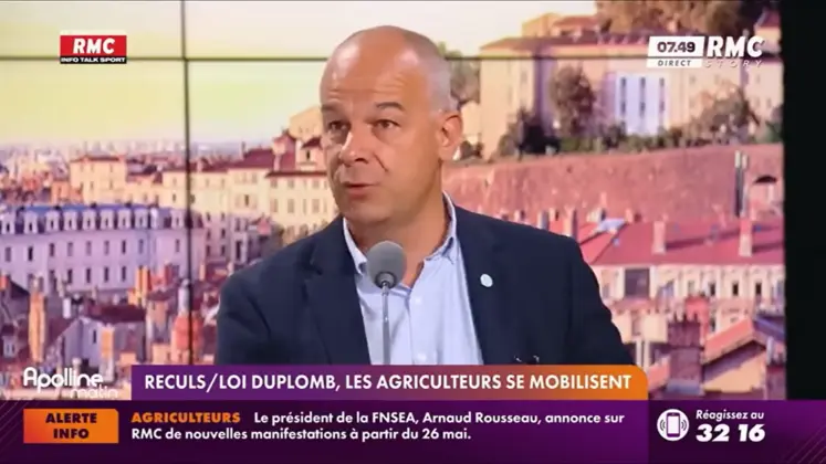Le président de la FNSEA Arnaud Rousseau sur la radio RMC le 15 mai, annonçant le retour des mobilisations agricoles dans le cadre de la PPL Duplomb.