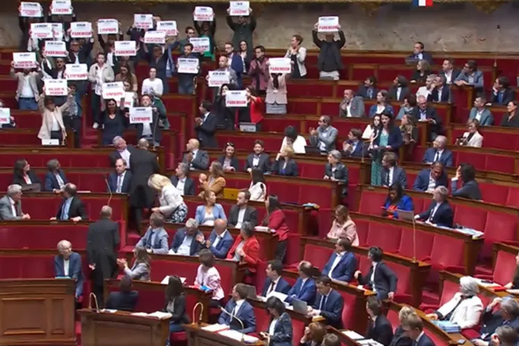 Députés LFI brandissant des pancartes à l'assemblée nationale