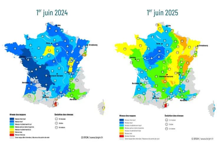 Comparaison des cartes présentant la situation des nappes phréatiques en France en mai 2024 et en mai 2025. 